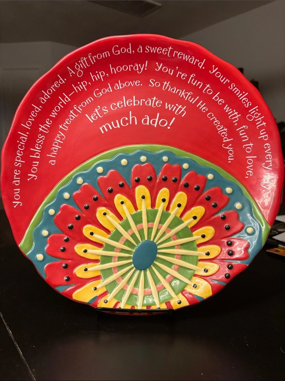 Hand-Painted Red Floral Celebration Ceramic Plate